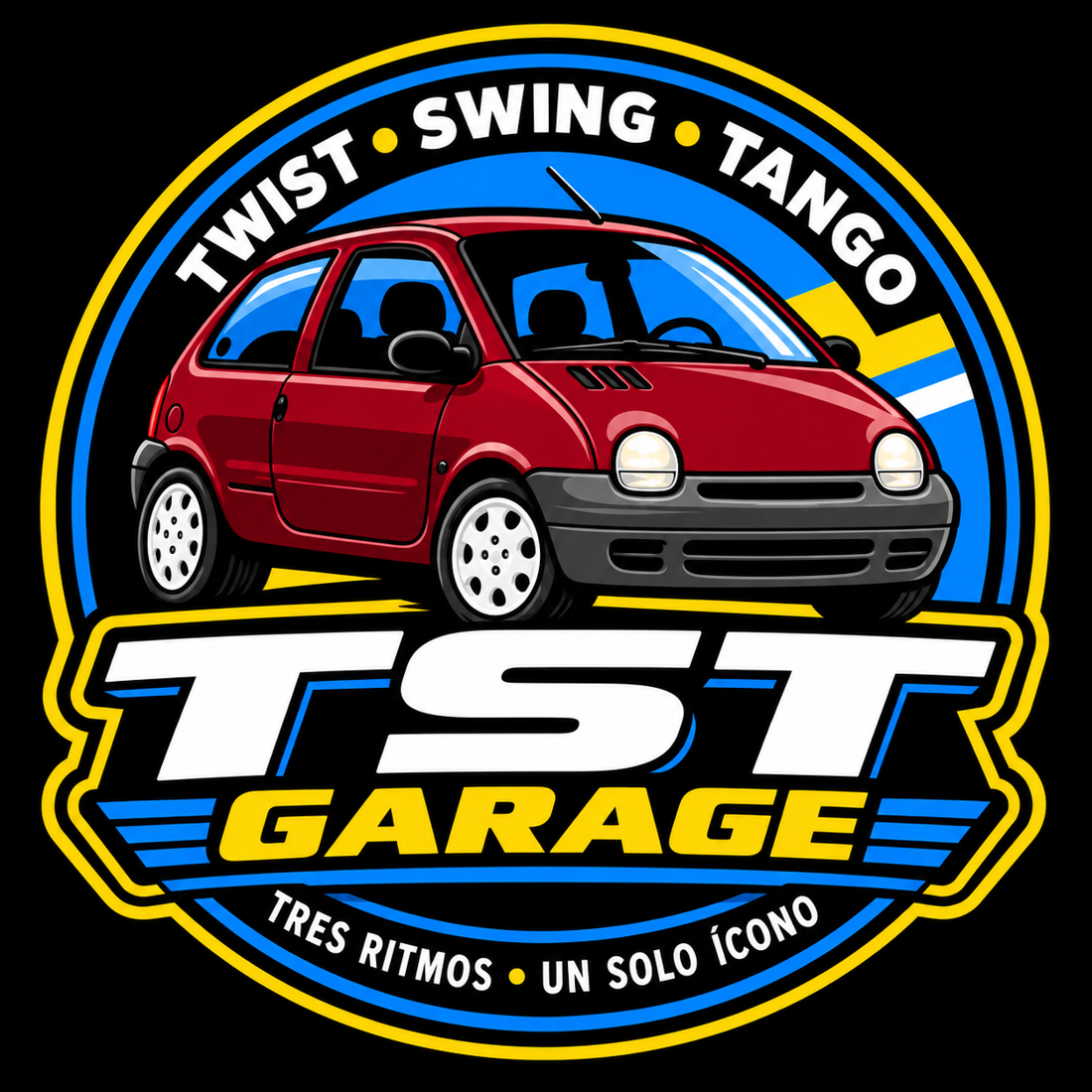 Emblema original TST Garage con Twingo bordó: Twist, Swing y Tango
