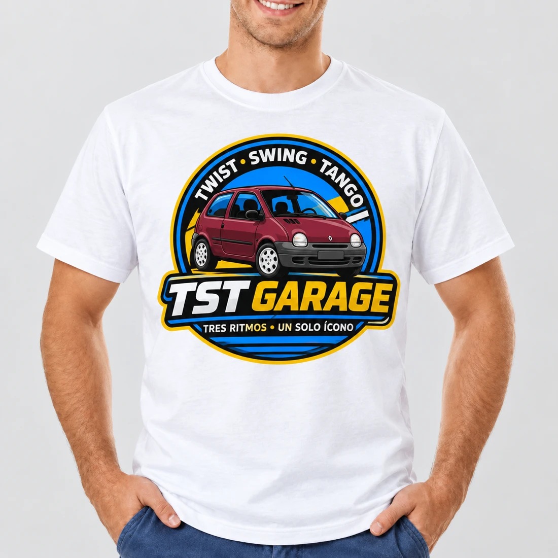 Modelo usando una remera blanca TST Garage